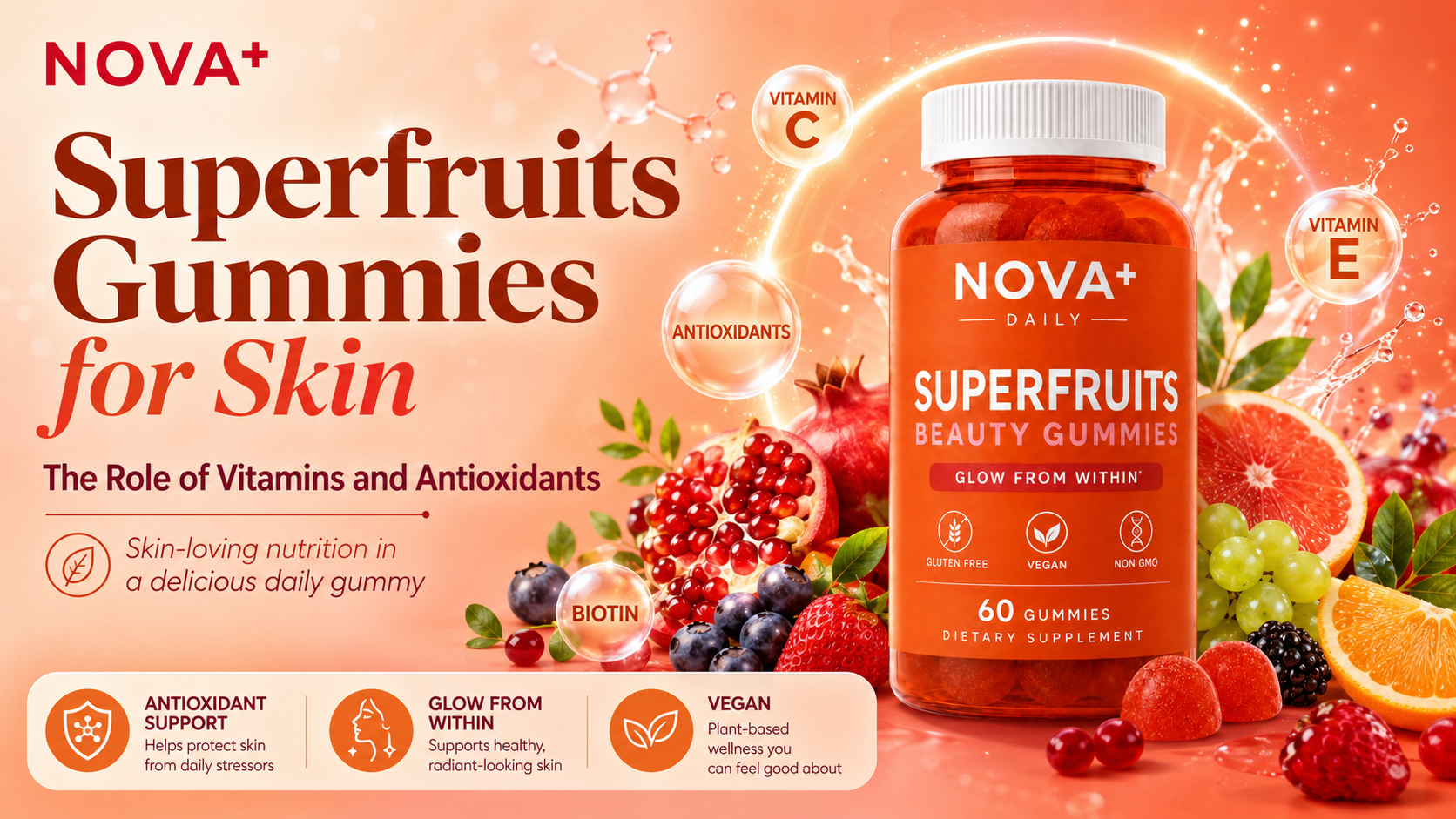 A hand holding a red gummy beside NOVA+ Superfruits Beauty Gummies on a vanity